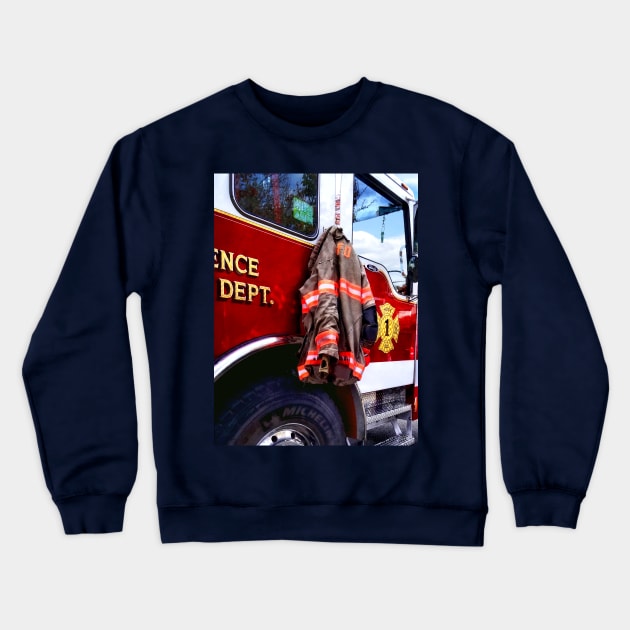 Firemen - Fireman's Jacket On Fire Truck Crewneck Sweatshirt by SusanSavad